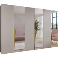 MEBLE KRYSPOL Schrank 300x202x52 cm mit Kleiderstange & Spiegel, 6xTür, PIANO, Kaschmir, Griff Gold