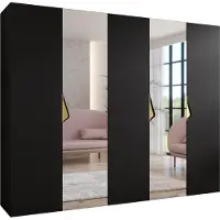 MEBLE KRYSPOL Schrank 250x202x52 cm mit Kleiderstange & Spiegel, 5xTür, SANDI, Schwarz, Griff Gold