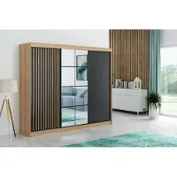 BM-Möbel Rocco Schiebeschrank mit Lamellen und Spiegel - Loft-Stil - 250 x 61 x 215 cm - Korpus Craft Gold, Fronten Schwarz
