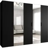 MEBLE KRYSPOL Schrank 250x202x52 cm mit Kleiderstange & Spiegel, 5xTür, BARI, Schwarz, Griff Schwarz