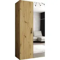 MEBLE KRYSPOL Schrank 100x202x52 cm mit Kleiderstange & Spiegel, 2xTür, BARI, Artisan-Eiche, Griff Silber