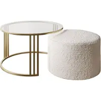 Lookway Couchtisch mit Hocker LORI GLASS gebürstetes Gold/transparentes Glas, Coral 65