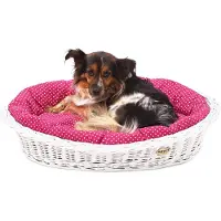 DOTTY Weiß gebleichter Weidenkorb für Hunde Wikikorb mit Baumwoll-Hundebett – Rosa mit weißen Punkten Polka Dots –