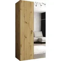 MEBLE KRYSPOL Schrank 100x202x52 cm mit Kleiderstange & Spiegel, 2xTür, PARMA, Artisan-Eiche, Griff Silber