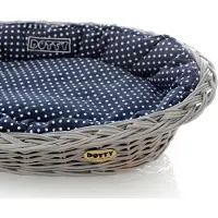 DOTTY Handbemalter grauer Weidenkorb Wikikorb mit Baumwoll-Hundebett – Marineblau mit weißen Punkten Polka Dots – Waschbar & Weich –