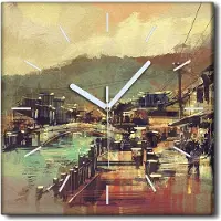 Coloray Uhr auf Leinwand 30x30 cm Wand Uhr Dekoration Wohnzimmer Segeltuch weiße Zeiger -Dorfbrückengebäude.