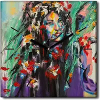 Coloray Uhr auf Leinwand 30x30 cm Wand Uhr Dekoration Wohnzimmer Segeltuch schwarze Hände -Frau mit Blumen