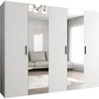 MEBLE KRYSPOL Schrank 250x202x52 cm mit Kleiderstange & Spiegel, 5xTür, BARI, Weiß, Griff Schwarz