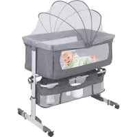 Belfoyer Beistellbett Baby, 2 in 1 Babybett und Babywiege, Kinderbett mit Rollen, Moskitonetz Höhenverstellbar 92x58x70-90cm Grau