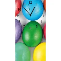 Wallario Design Wanduhr bedruckt, Größe 30 x 60 cm, Motiv: Bunte Oster-Eier in Nahaufnahme mit kräftigen Farben