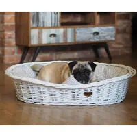 DOTTY Weiß gebleichter Weidenkorb für Hunde Wikikorb mit Baumwoll-Hundebett – Beige mit Karo –