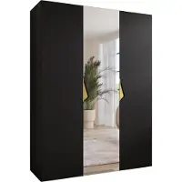 MEBLE KRYSPOL Schrank 150x202x52 cm mit Kleiderstange & Spiegel, 3xTür, SANDI, Schwarz, Griff Gold