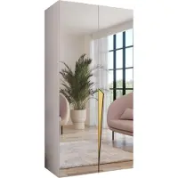 MEBLE KRYSPOL Schrank 100x202x52 cm mit Kleiderstange & Spiegel, 2xTür, PIANO, Weiß, Griff Gold