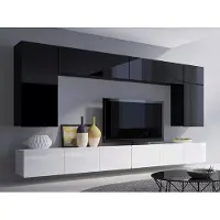 EURO-MEBLE Wohnwand CALABRINI-13 Hängewohnwand Set, 6-teilig, Weiß Hochglanz Modern, PVC-Furnier Spanplatte, grifflos, TV-Schränke (Schwarz + Weiss Hochglanz)