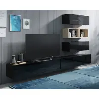 Ravio Wohnwand Amanda XVI TV Möbel Schrankwand TV Lowboard Wohnzimmer-Set Bücherregale Anbauwand (Schwarz matt + Schwarz Hochglanz Fronten / Artisan Eiche)