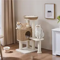 Yaheetech Rattan Kratzbaum Kletterbaum 91cm stabiler Katzenbaum mit Plattformen Katzenhöhle, Beige