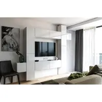 Starcosy Wohnwand Set mit 10 Schränken, Weiß Hochglanz, modern für das Wohnzimmer, 280 x 155 cm