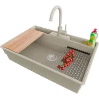PrimaGran Granitspüle Beige 78x53cm, Spülbecken 1 Becken + Küchenarmatur 32x20cm + Ablauf-Set + Küchenzubehörset, Küchenspüle ab 80er Unterschrank - New York