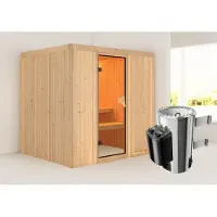 Karibu Sauna Innensauna Daria Fronteinstieg Ofen 3,6 kW intgr. Strg 196x170x198 cm ohne Dachkranz mit Bronzierter Tür