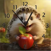 Wallario Design Wanduhr Lächelnder Igel mit Apfel aus Echtglas, Größe 30 x 30 cm