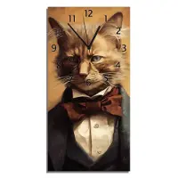 Wallario Design Wanduhr Katze im Anzug aus Echtglas, Größe 30 x 60 cm