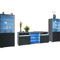 Vladon Wohnwand Granada, Anbauwand bestehend aus 2 Vitrinen und 1 TV-Board, Anthrazit matt/Schwarz matt inkl. LED-Beleuchtung (286 x 122,5 x 35 cm)
