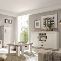 Lomadox Wohnmöbel Set in Landhaus Pinie weiß und Oslo Nb. FERNA-61 Couchtisch Kommode und Sideboard B/H/T ca. 239x146x44 cm