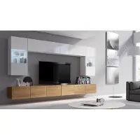 EURO-MEBLE Wohnwand CALABRINI-1 Hängewohnwand, Modern, Schwarz, Hochglanz, mit LED-Beleuchtung, gehärtetes Glas, grifflos, 5 cm, (Weiß Hochglanz / Eiche Gold)
