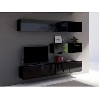 EURO-MEBLE Wohnwand CALABRINI-8 Wohnzimmer-Set Hängewohnwand Schrankwand TV-Schrank Moderne Anbauwand Hochglanz (Schwarz)