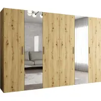 MEBLE KRYSPOL Schrank 300x202x52 cm mit Kleiderstange & Spiegel, 6xTür, BARI, Artisan-Eiche, Griff Silber