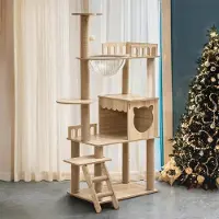 Markenlos 135 cm Kratzbaum Holz,Kratzbaum Grosse stabil,Modern mit Eigentumswohnung, Katzentreppe, Schüssel, 9 Sisal-Spielzeugbällen, Katzenkratzbaum groß (KT-022)