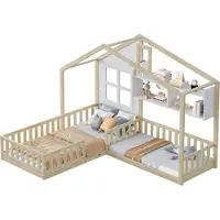 Xdovet Kinderbett(Holzfarb)Mit Fenster und Schornstein in Form eines Hauses Mit Regalen, Raumhoher Massivholz-Bettkasten Mit Sicherheitsgitter und Lattenrost