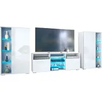 Vladon Wohnwand Davos, Anbauwand bestehend aus 2 Vitrinen und 1 TV-Board, Weiß matt/Weiß Hochglanz inkl. LED-Beleuchtung (329 x 134 x 35 cm)