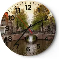 ARTTOR Wanduhr - Rund - Glasuhr - Kanal Wasser Amsterdam Fahrrad - 30x30cm - Schleichendes Uhrwerk - Lautlos - zum Aufhängen bereit - Dekoration Modern - Wanddekoration aus Glas - C4AR30x30-2697