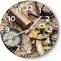 ARTTOR Wanduhr - Rund - Glasuhr - Kompass Kompass Karte - 30x30cm - Schleichendes Uhrwerk - Lautlos - zum Aufhängen bereit - Dekoration Modern - Wanddekoration aus Glas - C4AR30x30-3730
