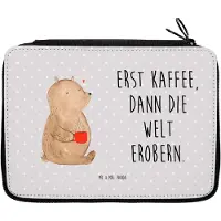 Mr. & Mrs. Panda Federmäppchen Bär Kaffee - Grau Pastell - Geschenk, Mäppchen, Guten Morgen, Bären, Coffee, Teddy, Stifteetui, Bleistiftetui, Federmappe, Etui, Motivation
