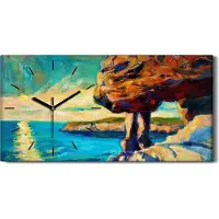 Coloray Wandbild Leinwand Bilder mit Uhr 60x30 Kunst Sonnenuntergang Meeresufer - schwarze Hände