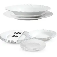 Kadax Geschirrservice 12-teilig, Geschirrset für 4 Personen, Tafelservice mit Suppenteller, Dessertteller & Speiseteller, Tellerset aus Opalglas, Geschirr Set (Weiß)