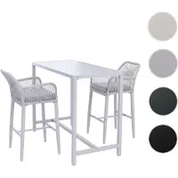 Mendler Set Bartisch + 2x Barhocker HWC-P91, Barstuhl Stehtisch, Outdoor Sitzpolster Seilgeflecht Metall hellgrau