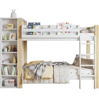 Xkiss Etagenbett, Kinderbett mit Fallschutz und Gitter, mit 4-stufiger Leiter, 6 offenen Regalen, Kleiderschrank seitlich, Reichlich Stauraum,Kiefer+PB
