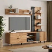 XTEILC TV Wohnwand-set mit Vitrine, Mediawand, TV-Board -set und Regal, TV Wohnzimmermöbel-Set mit 3 Schränke, Offene Regalböden,TV bis 80',187.5*40*167cm