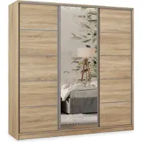 Masseno Schiebetürenschrank PINA 200/205/58 cm Kleiderschrank mit 4 Schubladen Schlafzimmer Schrank 3-türig mit Spiegel Sonoma Eiche