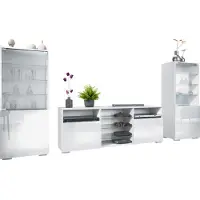 Vladon Wohnwand Granada, Anbauwand bestehend aus 2 Vitrinen und 1 TV-Board, Weiß matt/Weiß Hochglanz (286 x 122,5 x 35 cm)