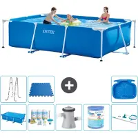 Intex -Schwimmbecken mit rechteckigem Rahmen – 300 x 200 x 75 cm – Blau – im Lieferumfang enthalten Sonnensegel - Wartungspaket - Filterpumpe für Schwimmbad - Filter - Reinigungskit - Leiter