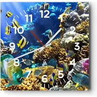 ARTTOR Wanduhr - Quadrat - Glasuhr - Korallenriff Ozean Krabbe Fisch - 30x30cm - Schleichendes Uhrwerk - Lautlos - zum Aufhängen bereit - Dekoration Modern - Wanddekoration aus Glas - C4AC30x30-2662
