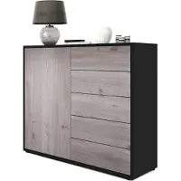 Vladon Sideboard Ben V2, Germany, Kommode mit 1 Tür und 5 Schubladen, Schwarz matt/Eiche Nordic (79 x 74 x 36 cm)