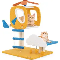 Goplus Katzenbaum im Hubschrauberform, Kratzbaum mit Plattform & Sisal Kratzbaum, Aktivitätsbaum für Katzen mit Leiter, Blau, Weiß, Gelb