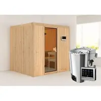 Karibu Sauna Innensauna Daria Fronteinstieg Ofen 3,6 kW -Ofen externe Strg. easy 196x170x198 cm ohne Dachkranz mit Bronzierter Tür