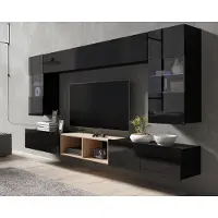 Ravio Wohnwand Amanda XIII Komplette Schrankwand Breite 300cm Anbauwand zwei Vitrinen TV-Schrank Wohnzimmer-Set (Schwarz matt + Schwarz Hochglanz Fronten / Artisan Eiche)