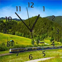 Wallario Design Wanduhr Eisenbahn in einer Sommerlandschaft in der Schweiz aus Echtglas, Größe 30 x 30 cm